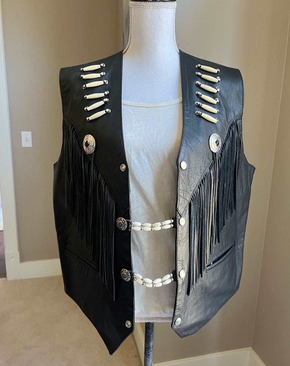 Ascot black leather fringed bones western motorcycle vest size M/L